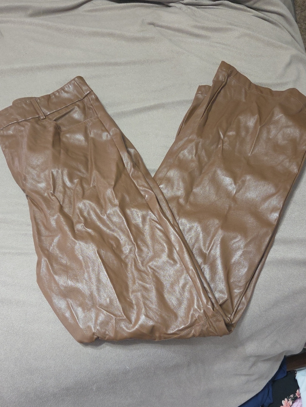 Faux Leather High-Waist Trousers - Camel